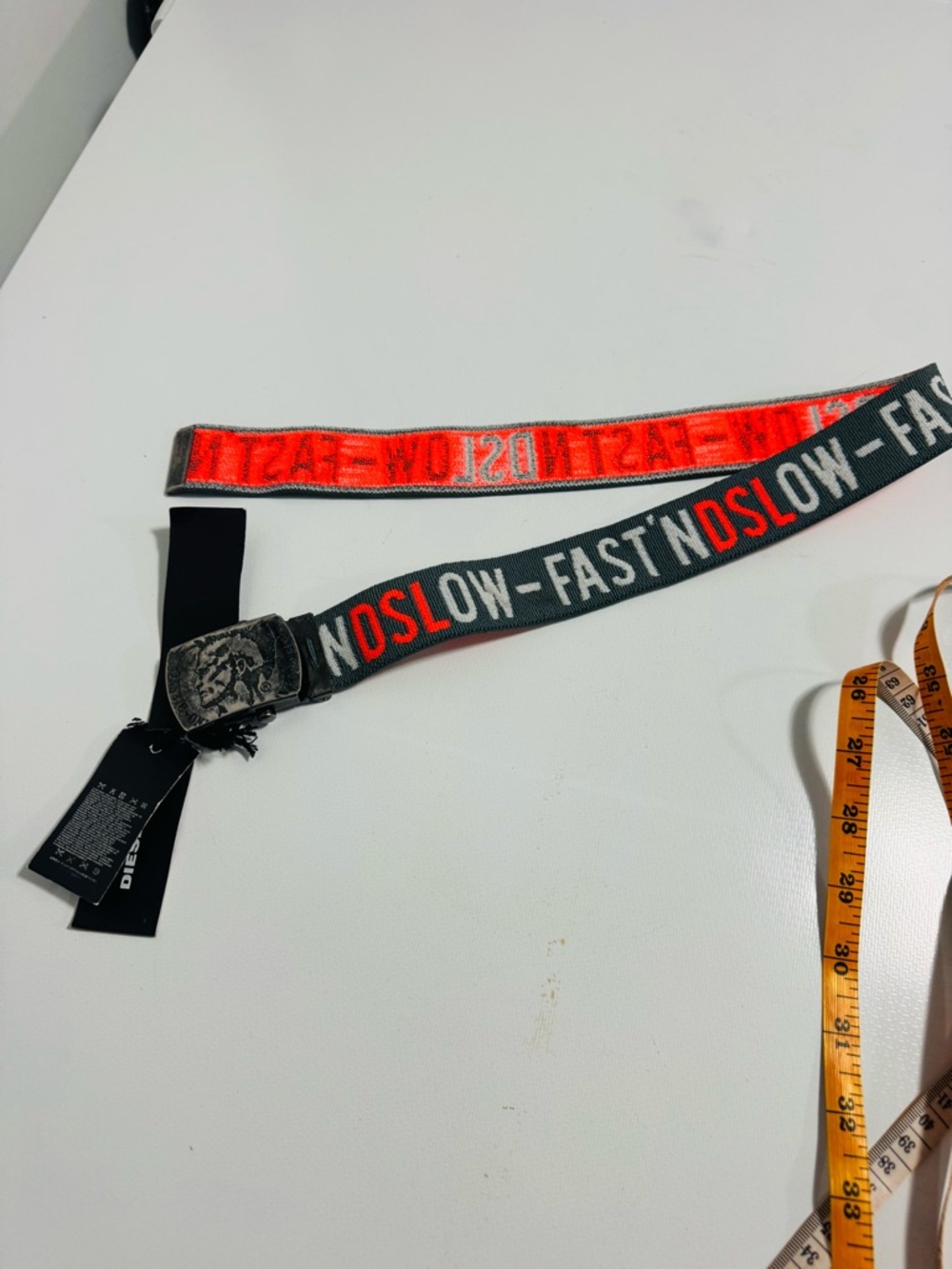 Diesel Grey Web Belt with Red & White Logo and Distressed Silver Buckle - Picture 3 of 6